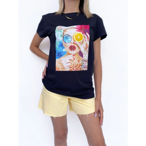 Kadın Baskılı Basic Siyah Tshirt