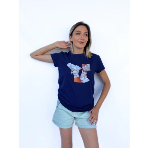 Kadın Baskılı Basic Lacivert Tshirt