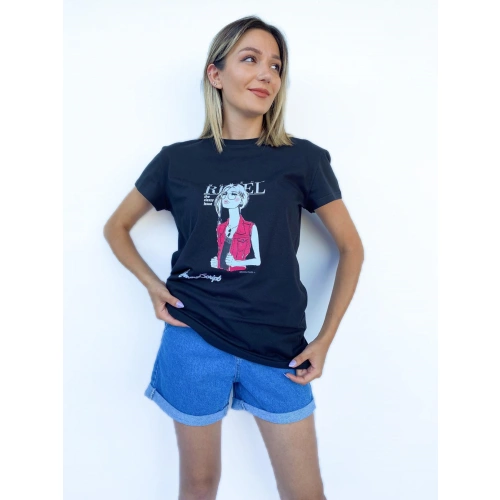 Kadın Women Baskılı Basic Siyah Tshirt