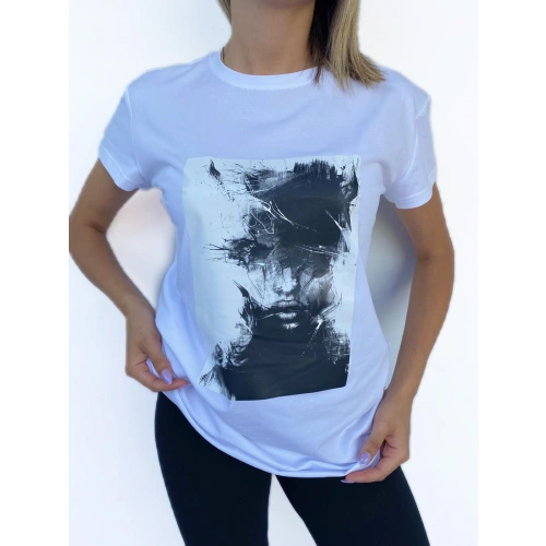 Kadın Women Face Baskılı Basic Beyaz Tshirt