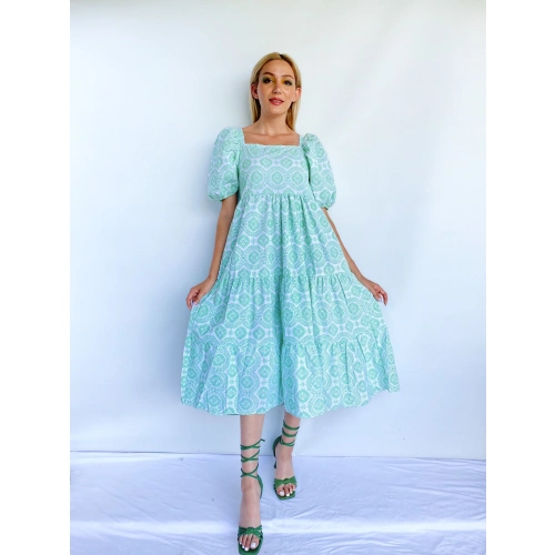 Kadın Kare Yaka Balon Kol Yeşil Mum Doku Elbise