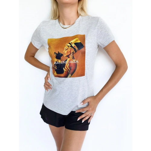 Kadın Baskılı Basic Tişört Gri