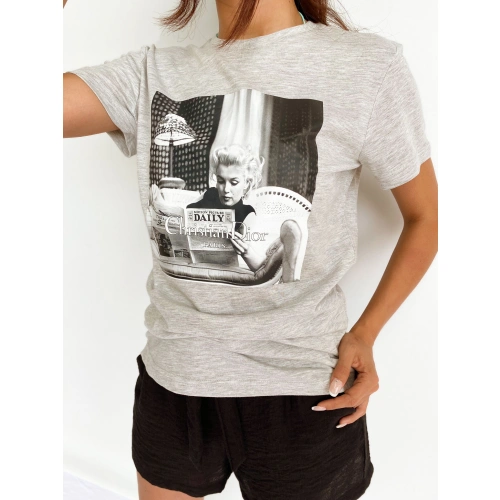 Kadın Baskılı Basic Tişört Gri