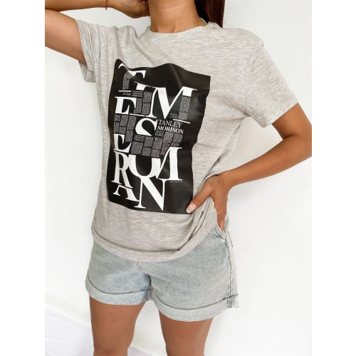 Kadın Baskılı Basic Tişört Gri