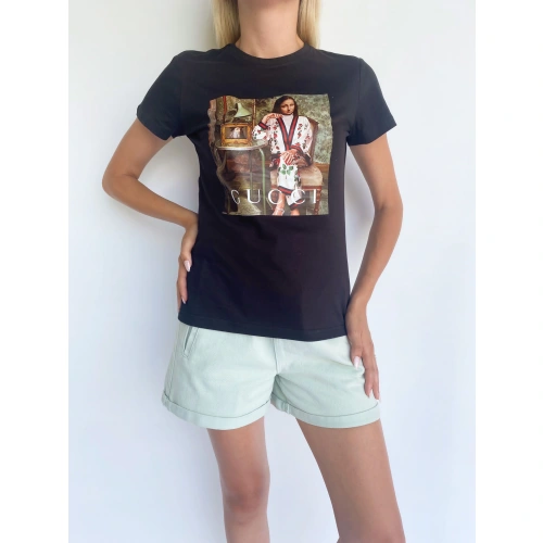 Kadın Baskılı Basic Tişört Siyah