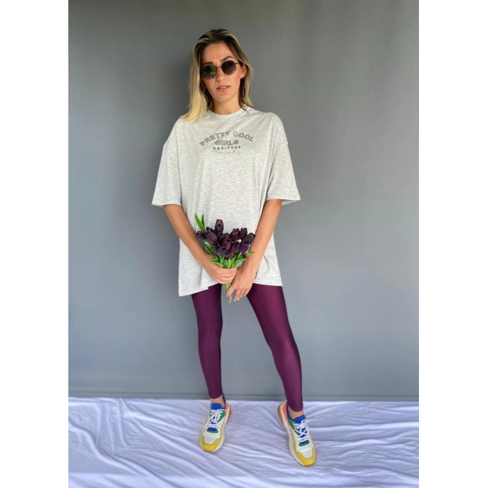 Kadın Oversize Pretty Cool Yazılı Gri Tshirt