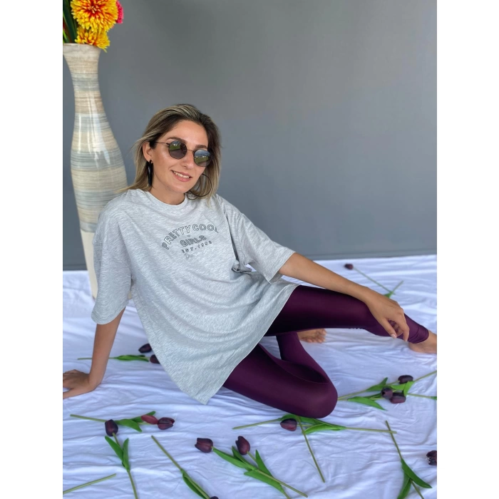 Kadın Oversize Pretty Cool Yazılı Gri Tshirt