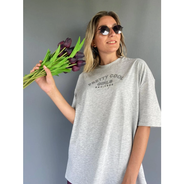 Kadın Oversize Pretty Cool Yazılı Gri Tshirt