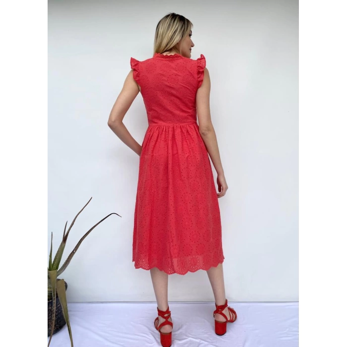 Önü Düğmeli Uzun Fisto Elbise Kırmızı