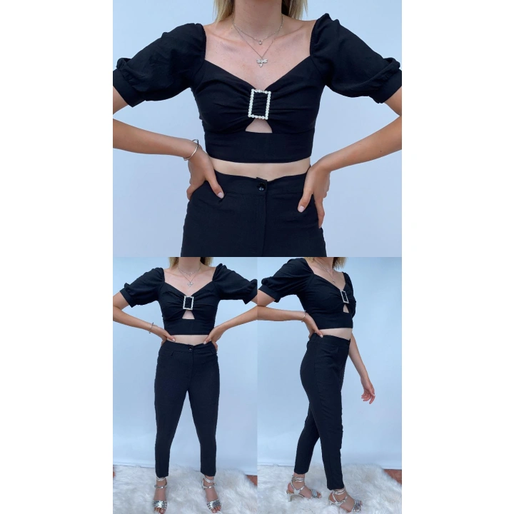 Siyah Kalem Pantolon Toka Detaylı Crop ikili Takım