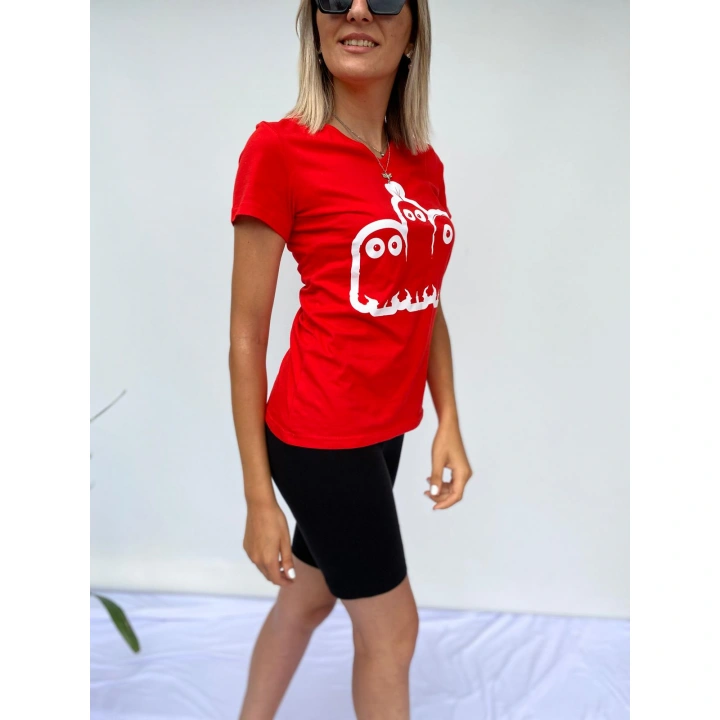 Kadın V Yaka Minyon Karakter Baskılı Kırmızı Tshirt