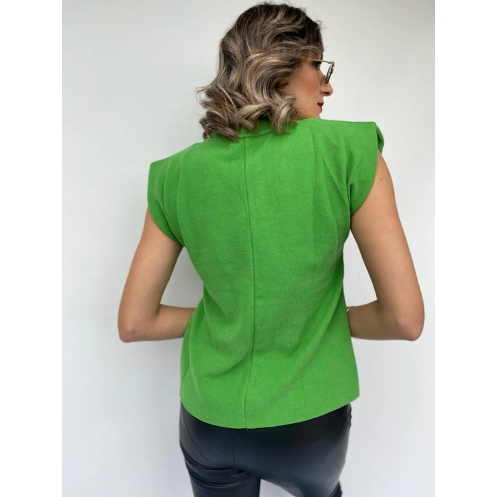 Kadın Yeşil Kolsuz Vatkalı Triko Kazak