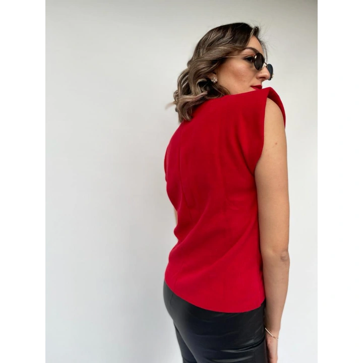 Kadın Kırmızı Kolsuz Vatkalı Triko Kazak