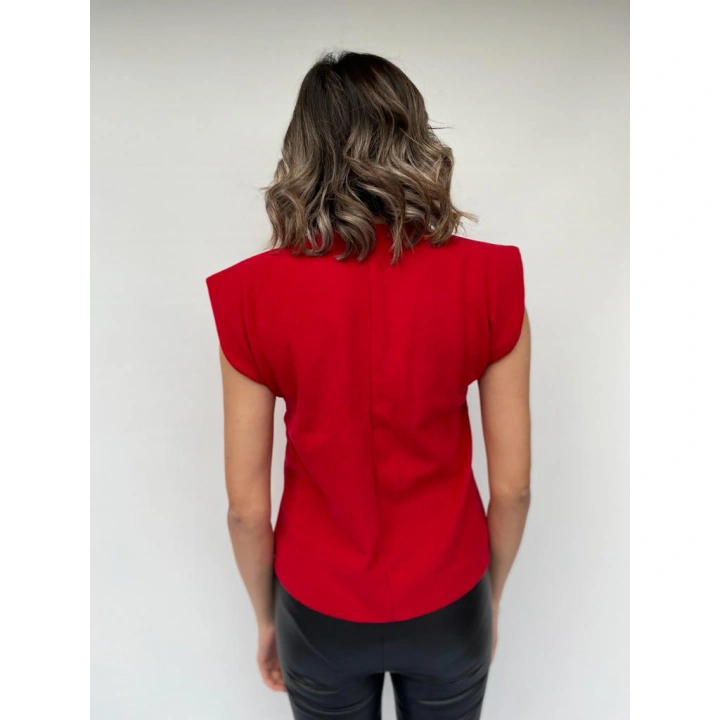 Kadın Kırmızı Kolsuz Vatkalı Triko Kazak