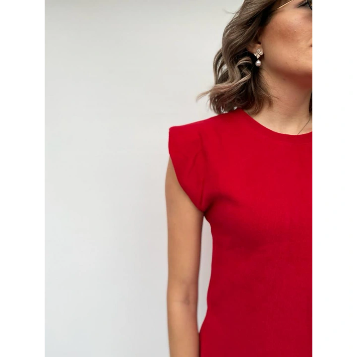 Kadın Kırmızı Kolsuz Vatkalı Triko Kazak