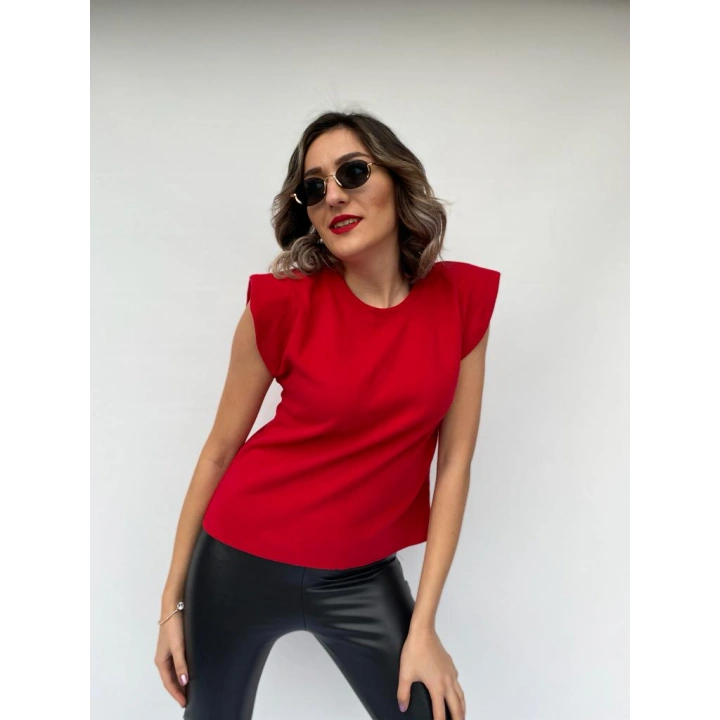 Kadın Kırmızı Kolsuz Vatkalı Triko Kazak