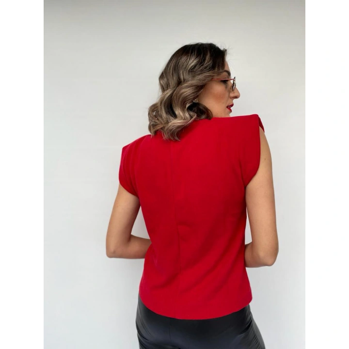 Kadın Kırmızı Kolsuz Vatkalı Triko Kazak