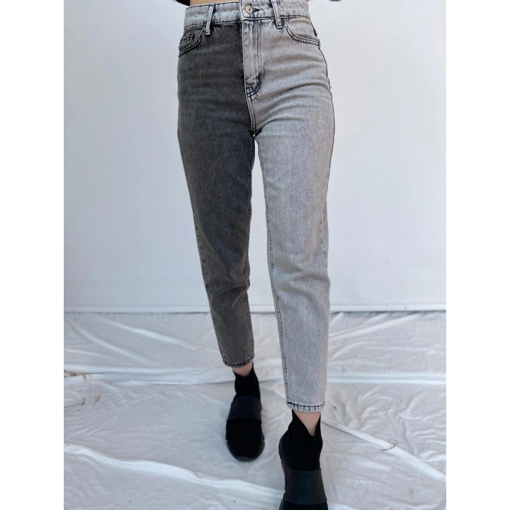 Kadın Kontrast Mom Jean Kot Pantolon Gri
