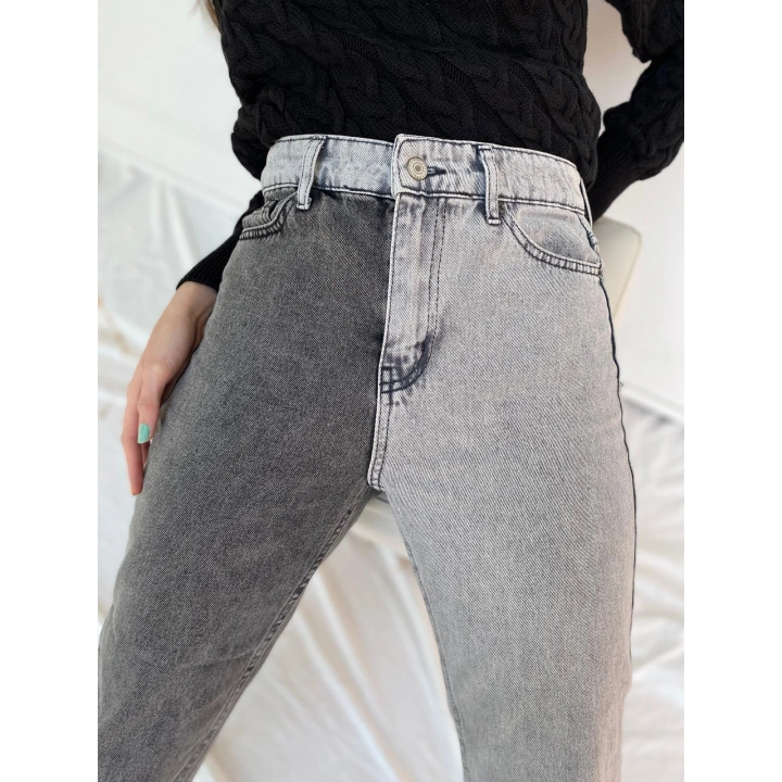 Kadın Kontrast Mom Jean Kot Pantolon Gri