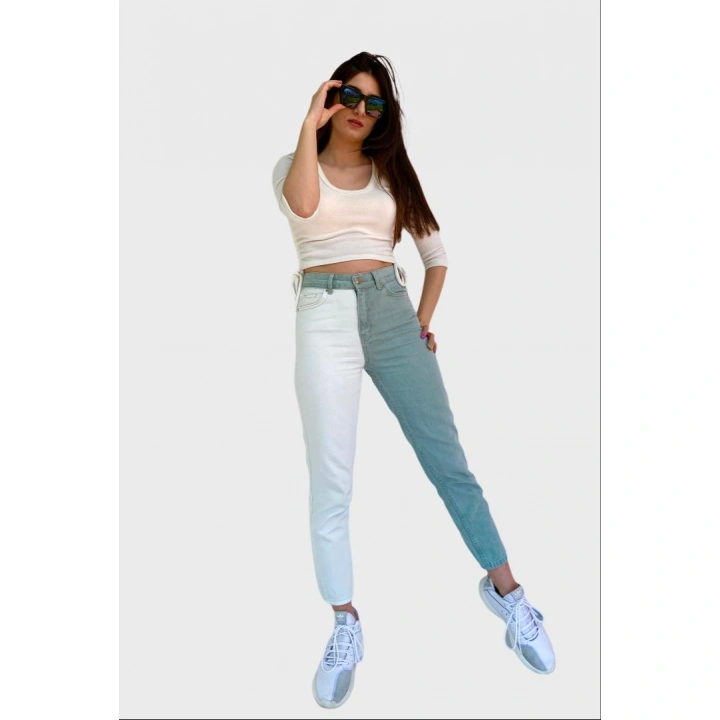 Kadın Kontrast Mom Jean Kot Pantolon Mint Beyaz