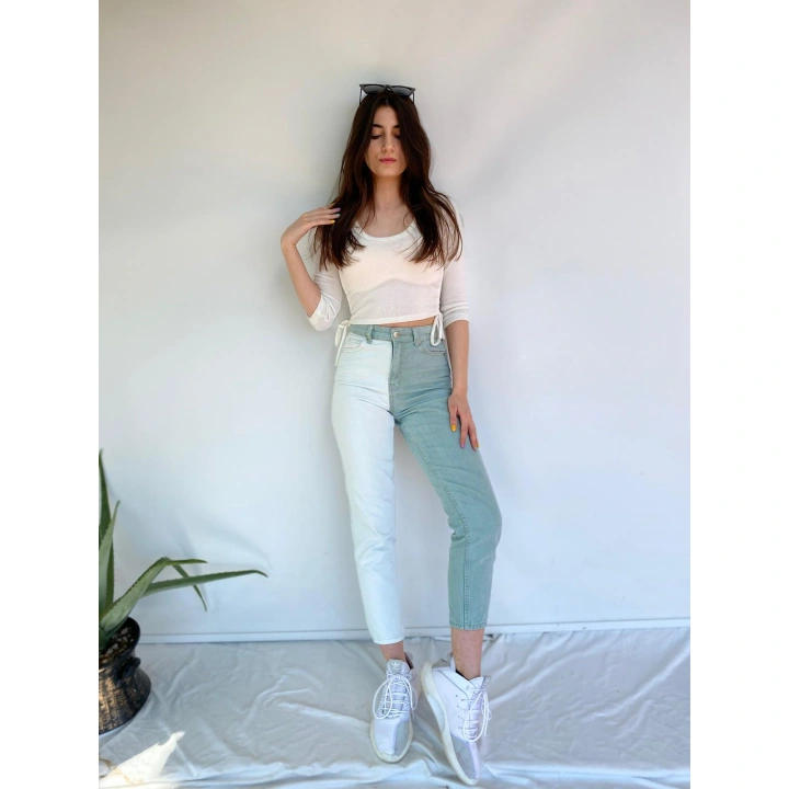 Kadın Kontrast Mom Jean Kot Pantolon Mint Beyaz