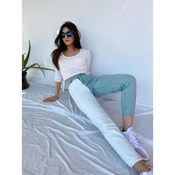 Kadın Kontrast Mom Jean Kot Pantolon Mint Beyaz