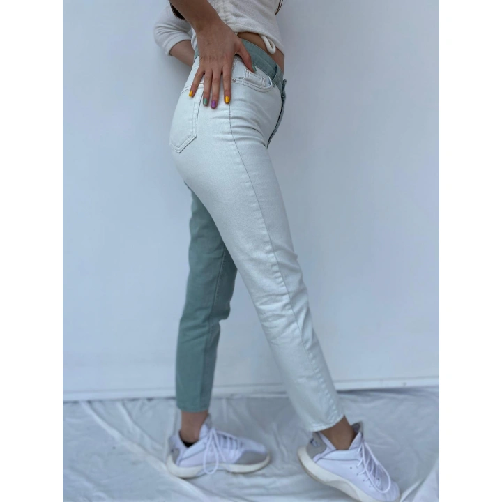 Kadın Kontrast Mom Jean Kot Pantolon Mint Beyaz