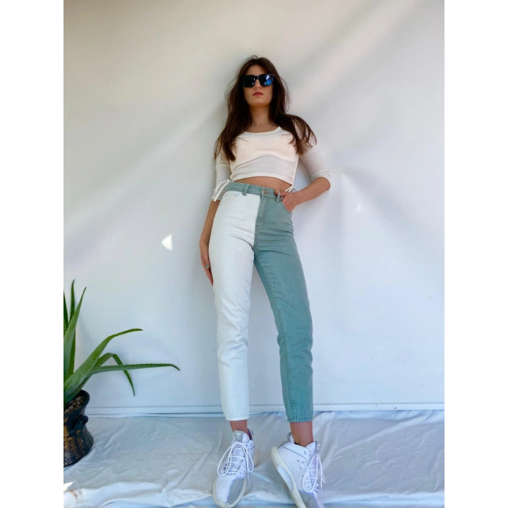 Kadın Kontrast Mom Jean Kot Pantolon Mint Beyaz