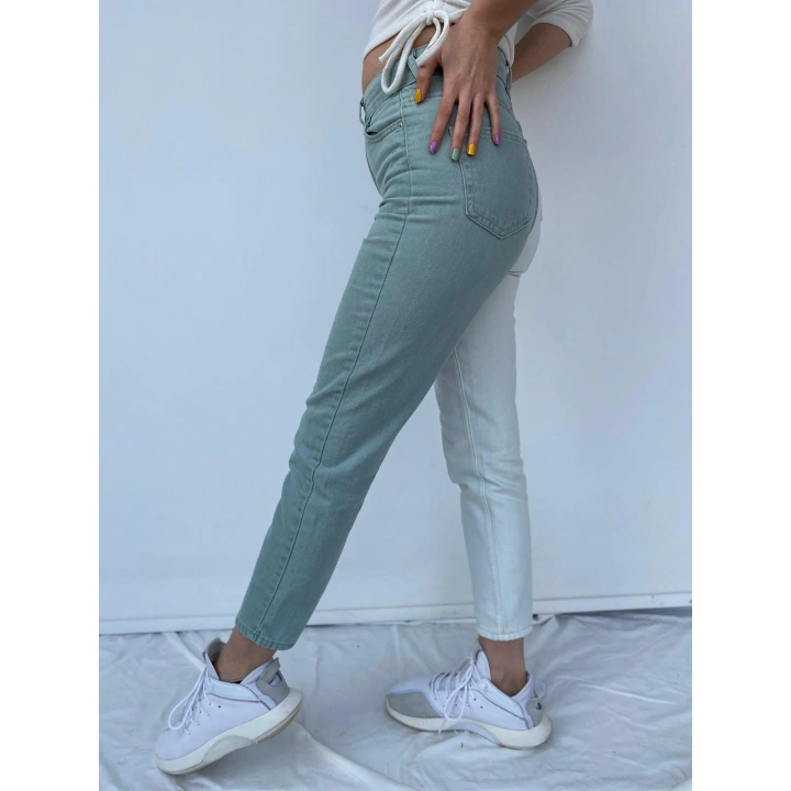Kadın Kontrast Mom Jean Kot Pantolon Mint Beyaz