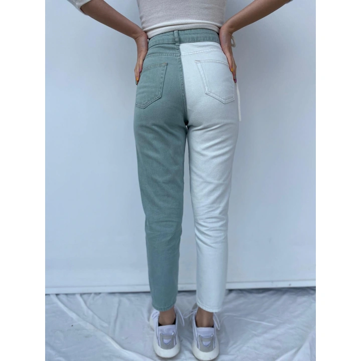 Kadın Kontrast Mom Jean Kot Pantolon Mint Beyaz