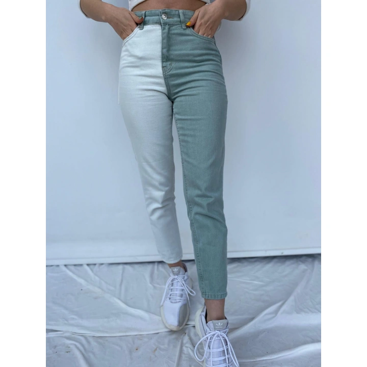 Kadın Kontrast Mom Jean Kot Pantolon Mint Beyaz