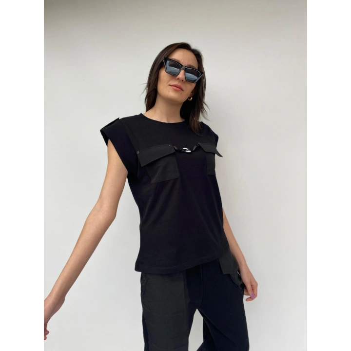 Kadın Bisiklet Yaka Apoletli Siyah Tshirt