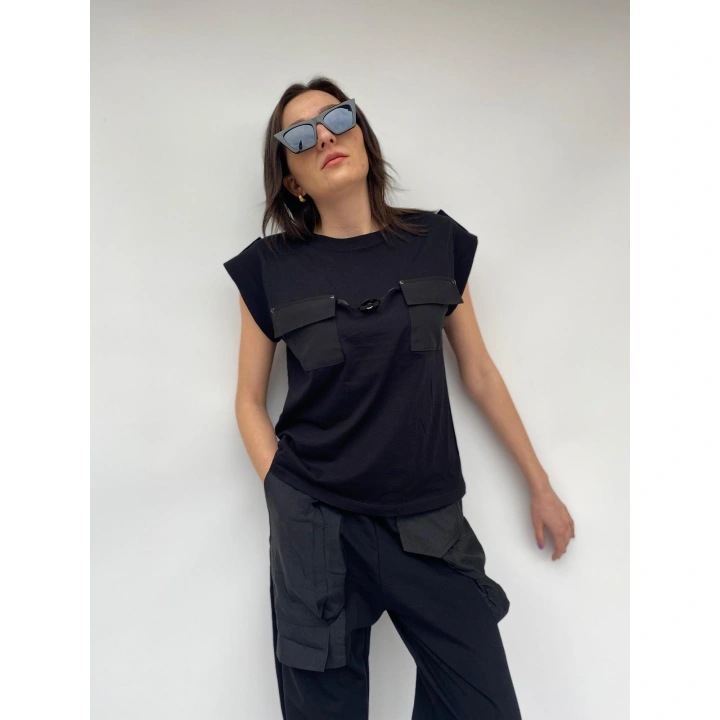 Kadın Bisiklet Yaka Apoletli Siyah Tshirt
