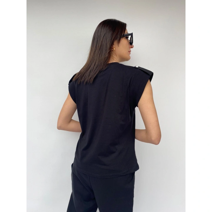 Kadın Bisiklet Yaka Apoletli Siyah Tshirt