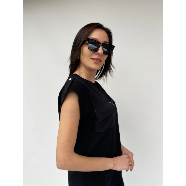 Kadın Bisiklet Yaka Apoletli Siyah Tshirt