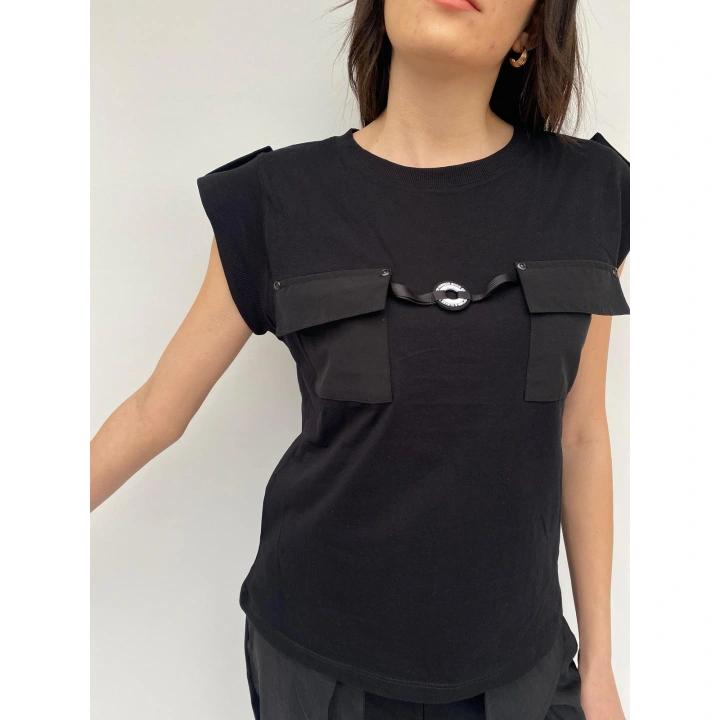 Kadın Bisiklet Yaka Apoletli Siyah Tshirt