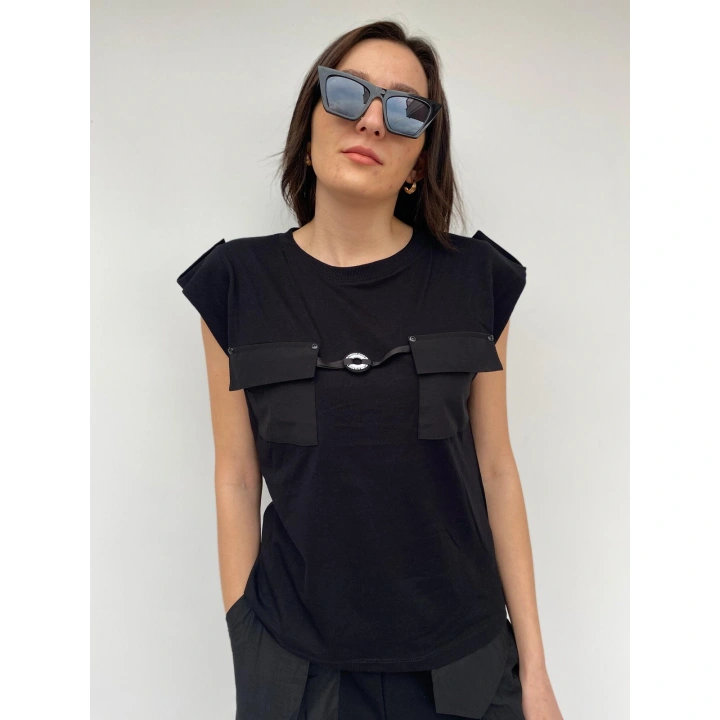Kadın Bisiklet Yaka Apoletli Siyah Tshirt