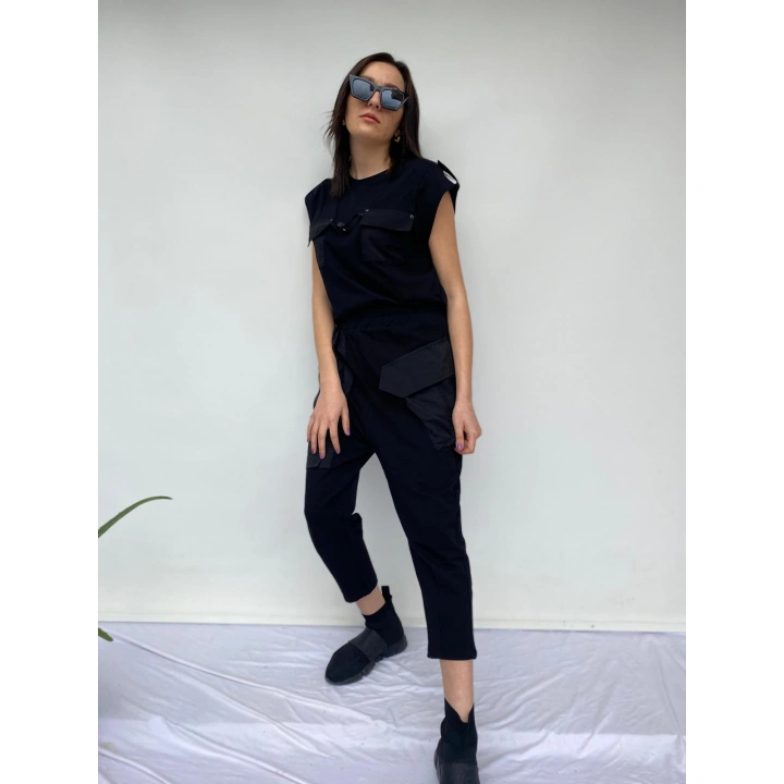 Kadın Bisiklet Yaka Apoletli Siyah Tshirt