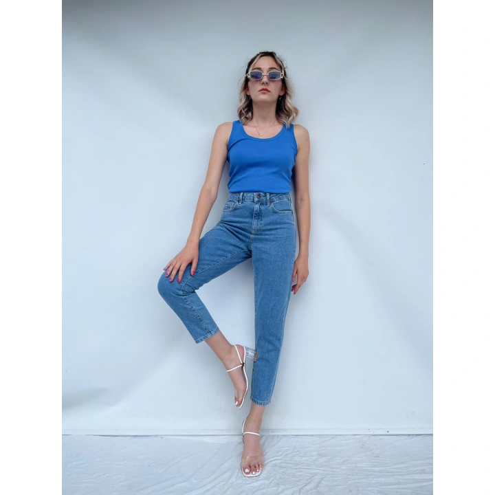 Kadın Basic Yuvarlak Yaka Mavi Atlet