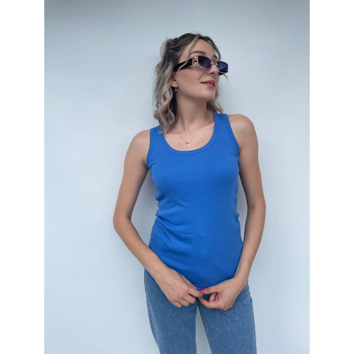 Kadın Basic Yuvarlak Yaka Mavi Atlet