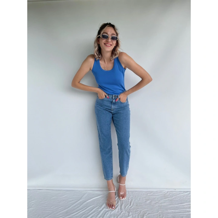 Kadın Basic Yuvarlak Yaka Mavi Atlet