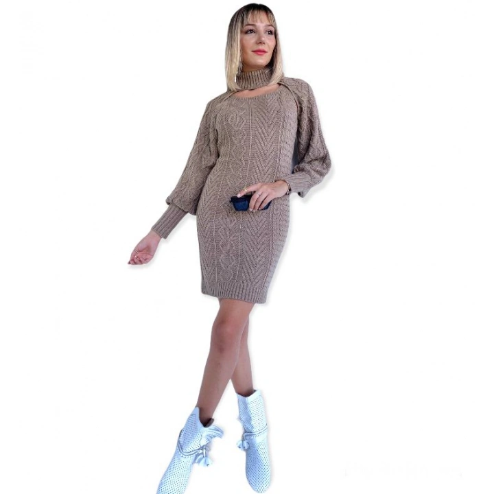 Kadın Bej Rengi İkili Triko Elbise