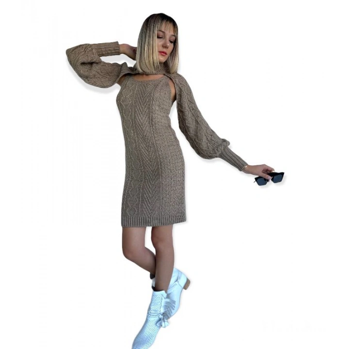 Kadın Bej Rengi İkili Triko Elbise