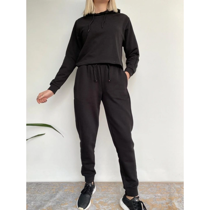 Kadın Siyah Kapüşonlu Eşofman Takımı