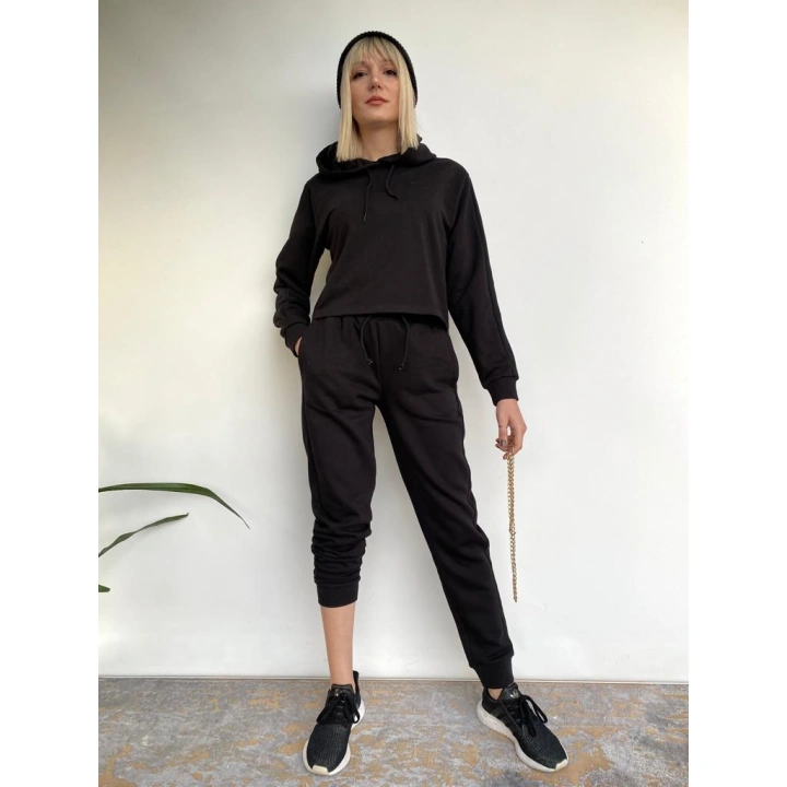 Kadın Siyah Kapüşonlu Eşofman Takımı