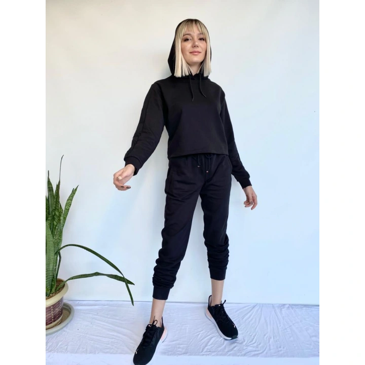Kadın Siyah Kapüşonlu Eşofman Takımı