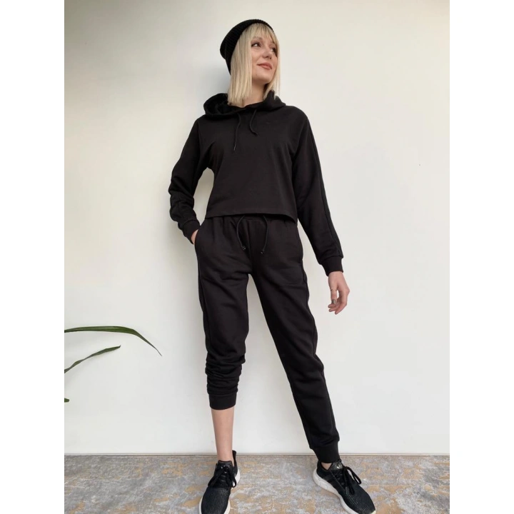 Kadın Siyah Kapüşonlu Eşofman Takımı