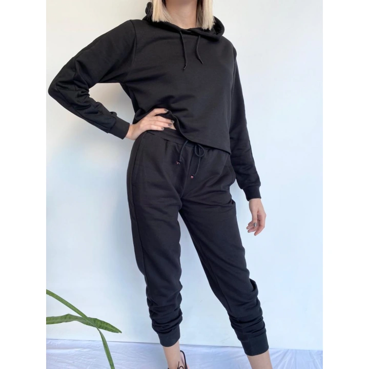 Kadın Siyah Kapüşonlu Eşofman Takımı