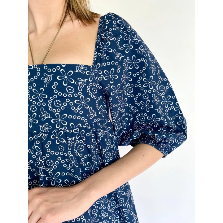 Kadın Çiçek Desenli Kare Yaka Elbise Lacivert