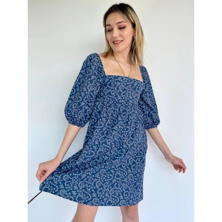 Kadın Çiçek Desenli Kare Yaka Elbise Lacivert